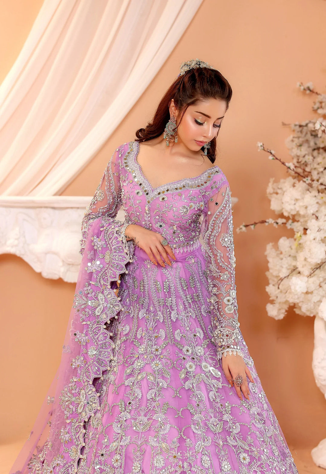 Pastel Lilac &amp; Sparkling Silver: Embroidered Net Bridal Lenge Choli | Ready To Wear