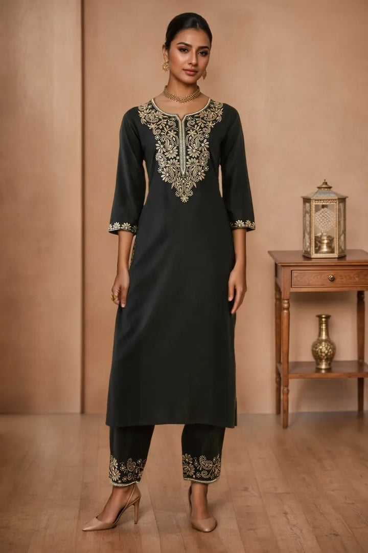 Rayon Floral and Paisley Embroidered Straight Kurta Set