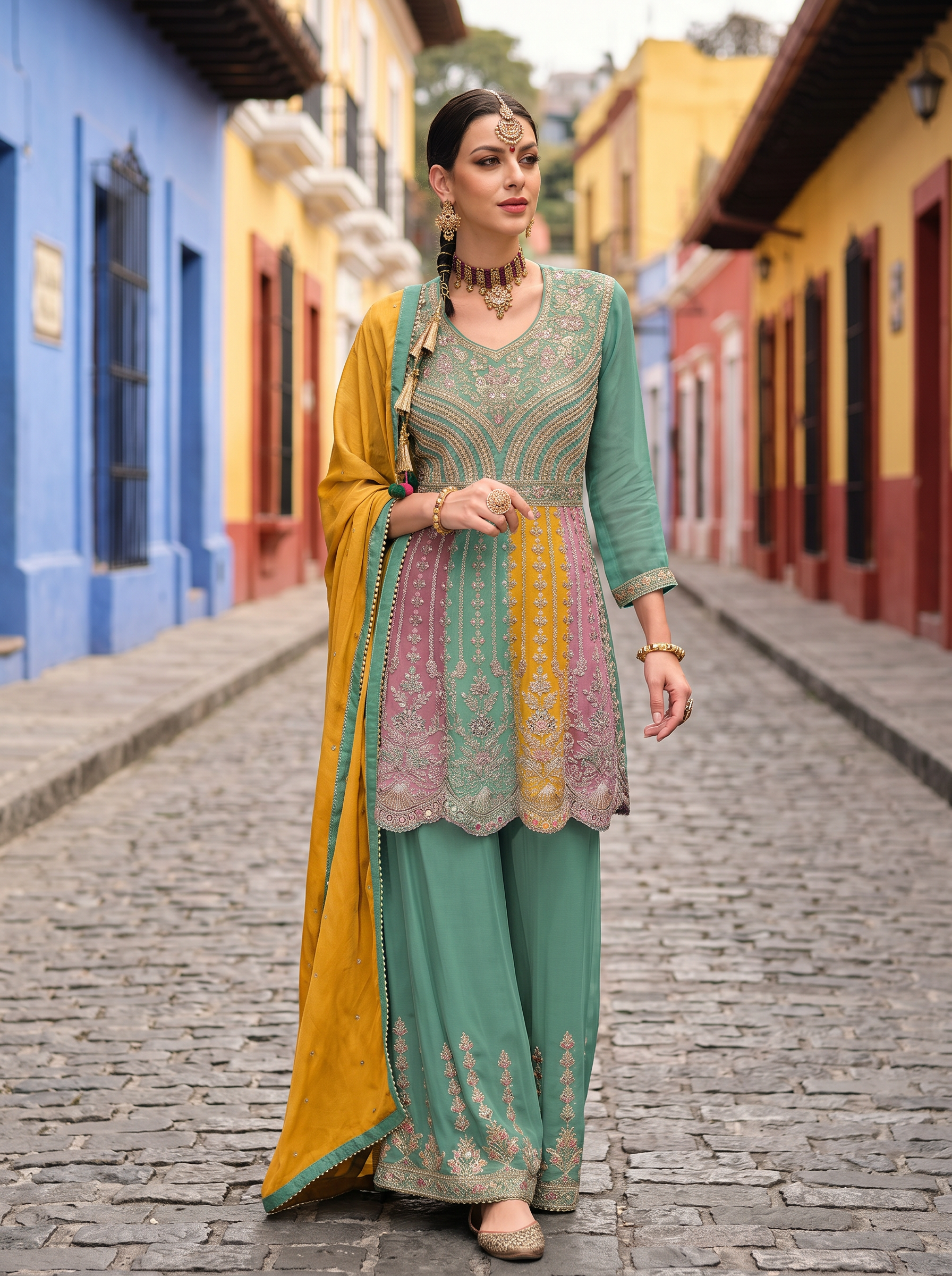 Multi Chinon Embroidery Work Suit Stitched