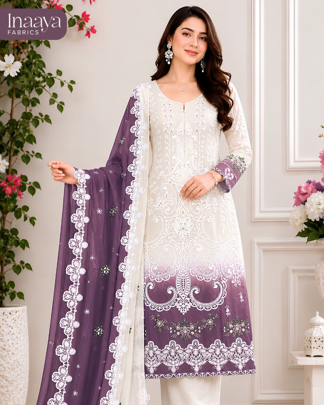 Heavy Blooming Chinon Silk, Heavy Codding Embroidery with Duppata
