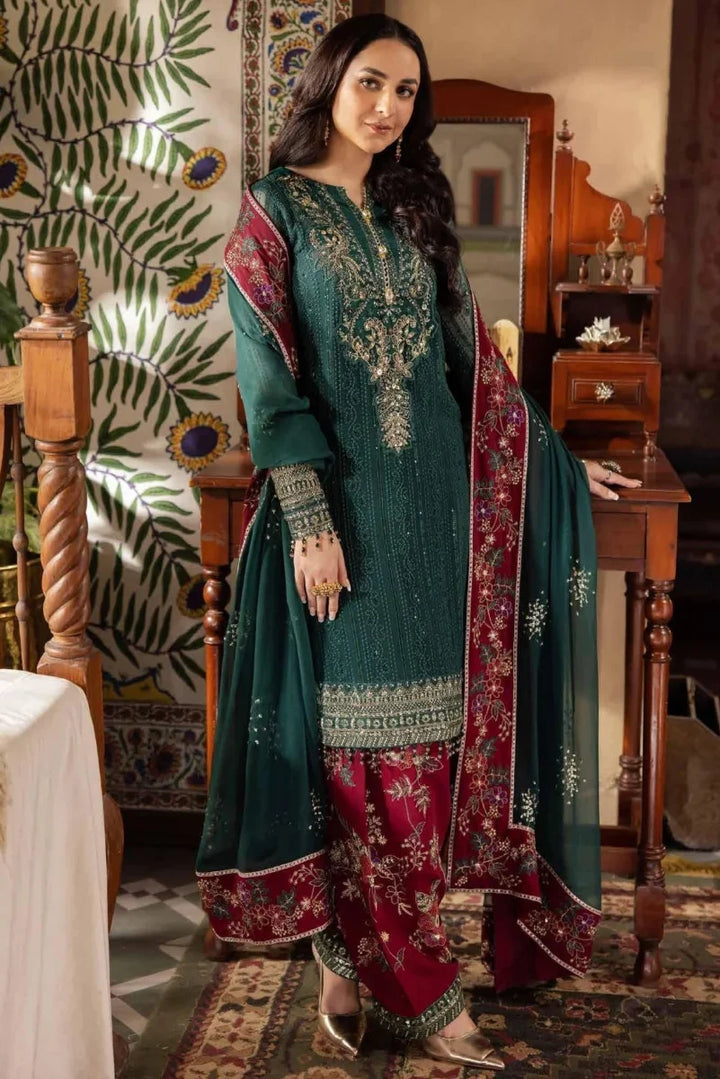 Luxury Embroidered 3-Piece Suit – Deep Green &amp; Maroon | Ready To Wear