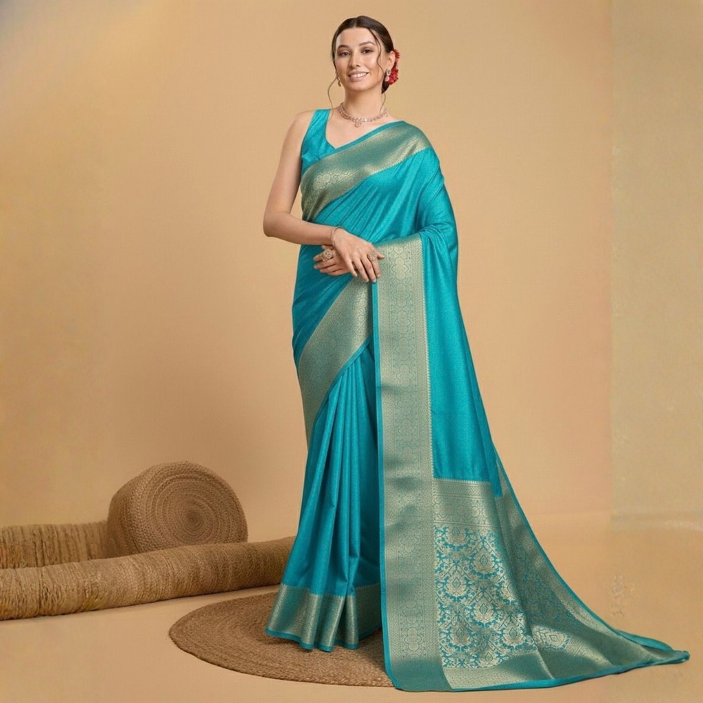 Printed Silk Saree With Contrast Heavy Blouse For Women