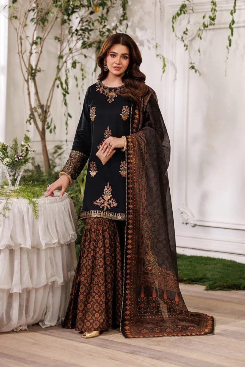 Jet Black & Copper Gold Heavy Embroidered Charmeuse Silk 3-Piece Suit | Ready To Wear
