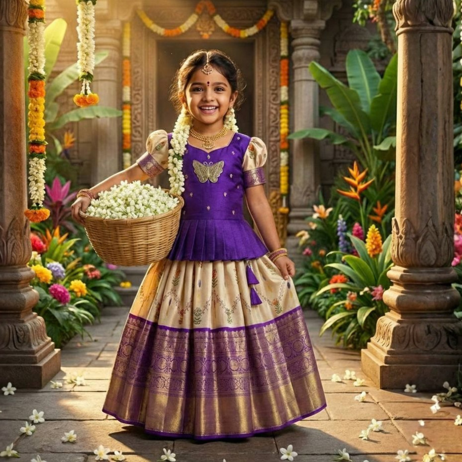 Premium Jacquard Pure Zari Weaving Work Lehenga For Kids