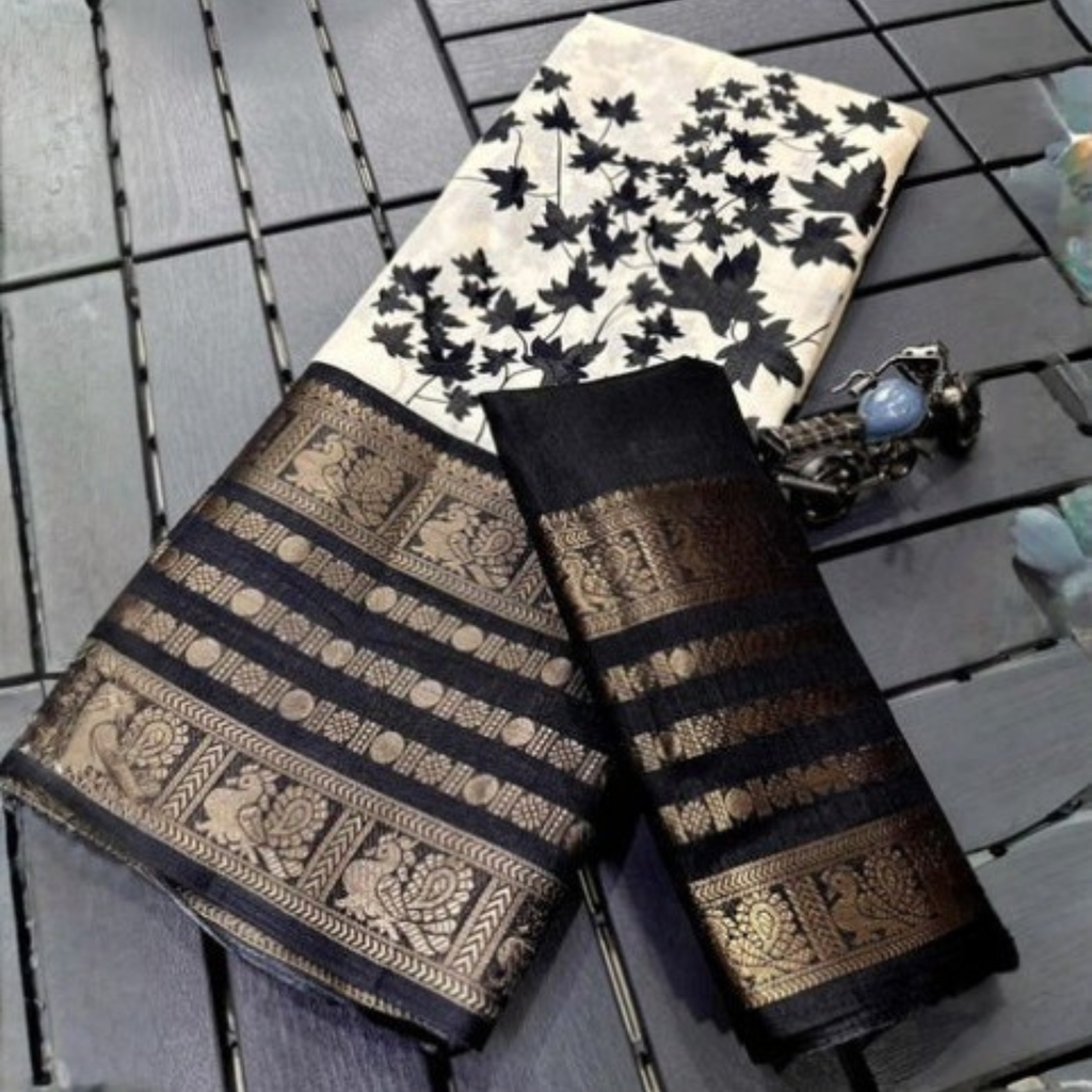 Classic Unstitched  Black And White Contrast Saree