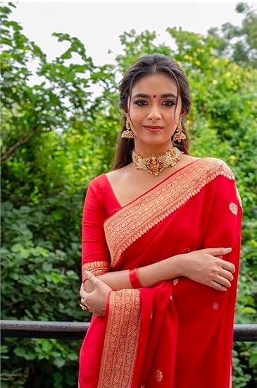 Silk Red Beautiful Unstitched  Saree For Women