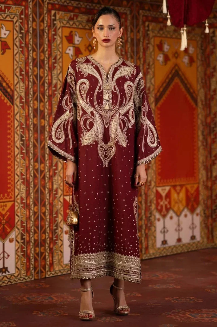 Deep Maroon &amp; Gold Accent: Charmoush Embroidered Silk Kaftan | Ready To Wear