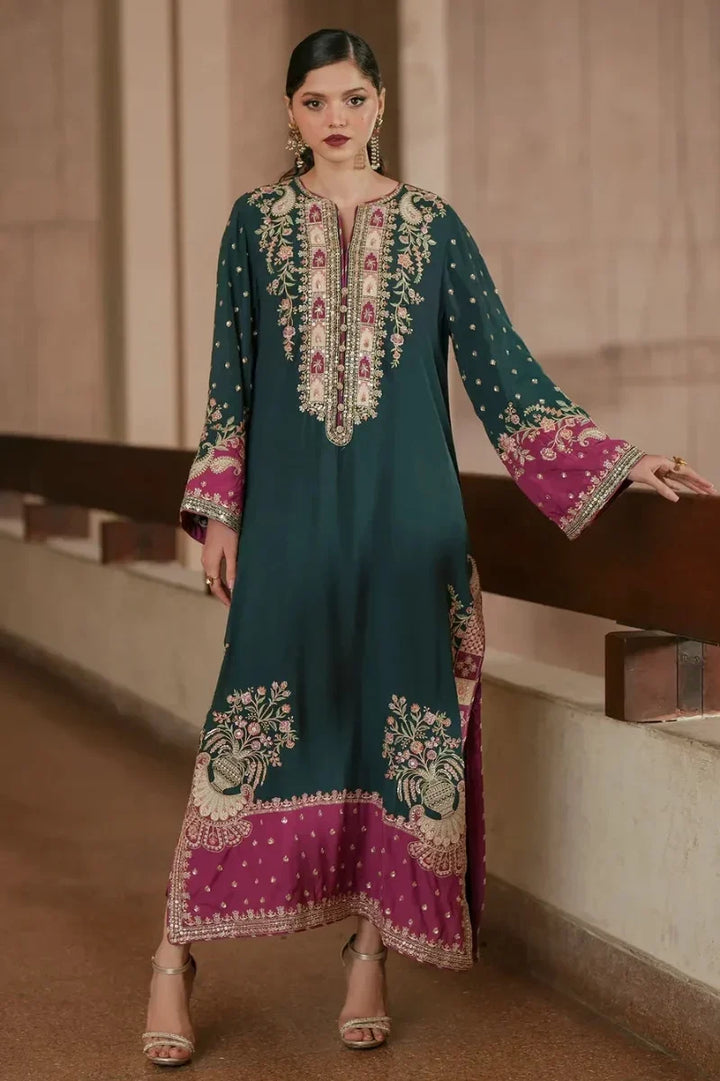 Deep Green &amp; Magenta Pink Contrast: Embroidered Silk Kaftan | Ready To Wear