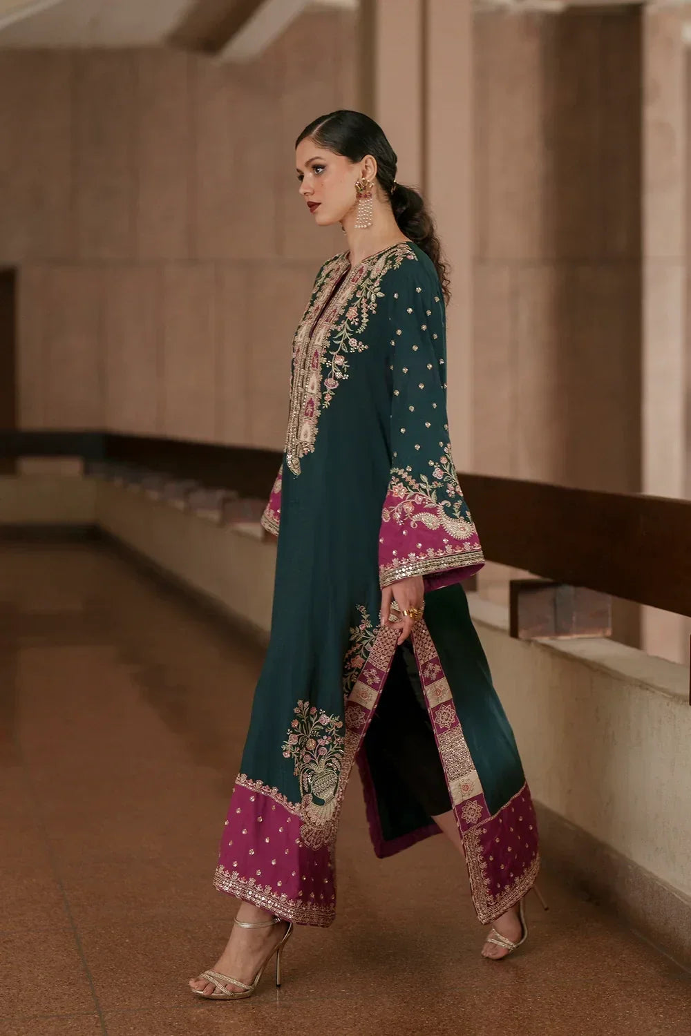 Deep Green &amp; Magenta Pink Contrast: Embroidered Silk Kaftan | Ready To Wear
