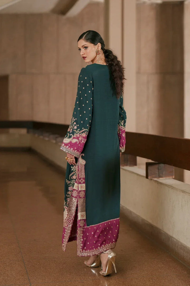 Deep Green &amp; Magenta Pink Contrast: Embroidered Silk Kaftan | Ready To Wear