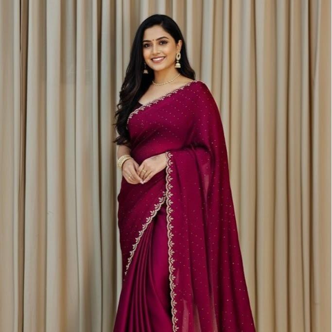 SIROSKI WORK CHIFFON FABRIC UNSTITCHED BLOUSE SAREE FOR WOMEN