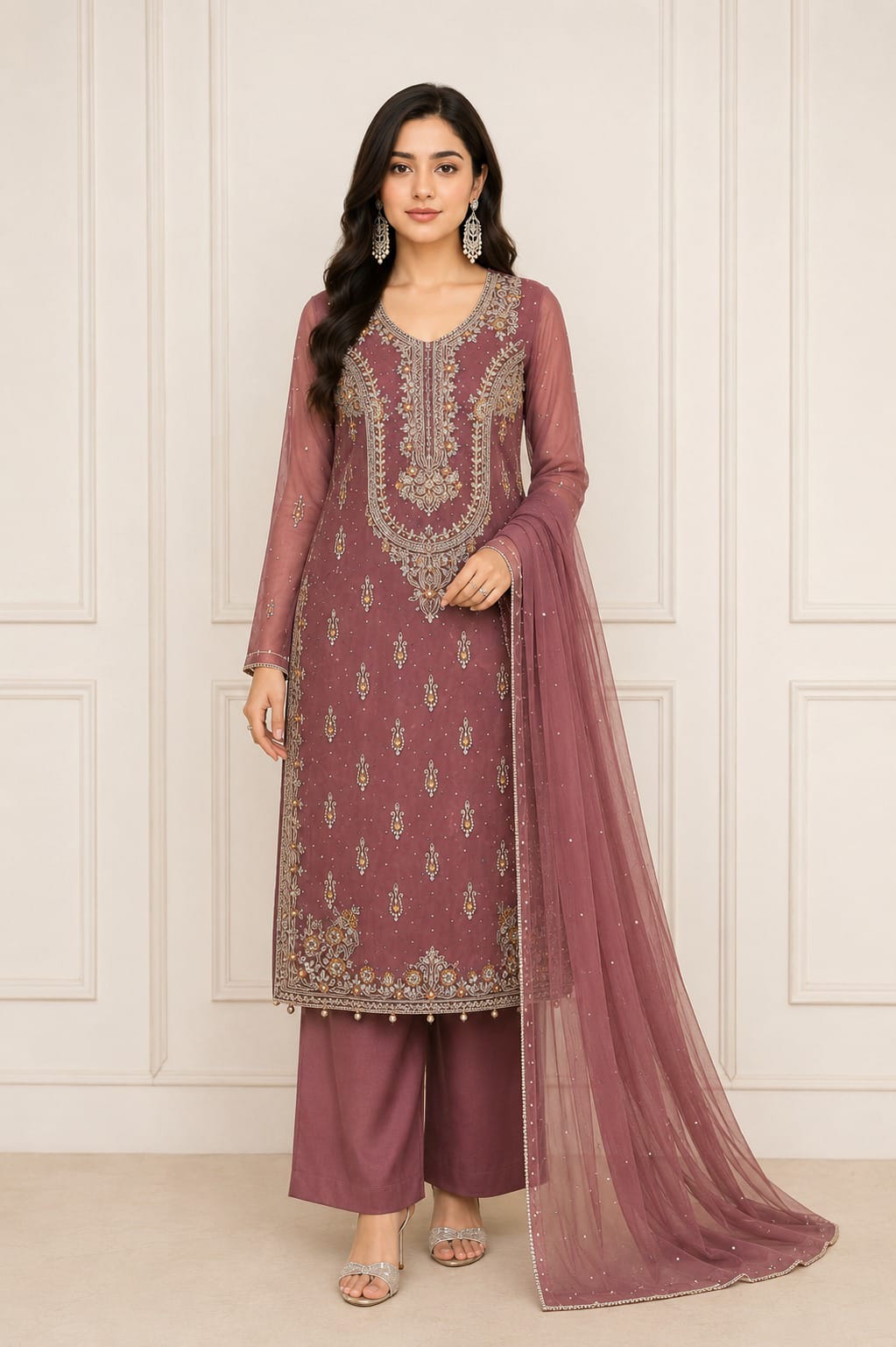 Dusty Pink Premium Organza / Net 3-Piece Formal Suit - front
