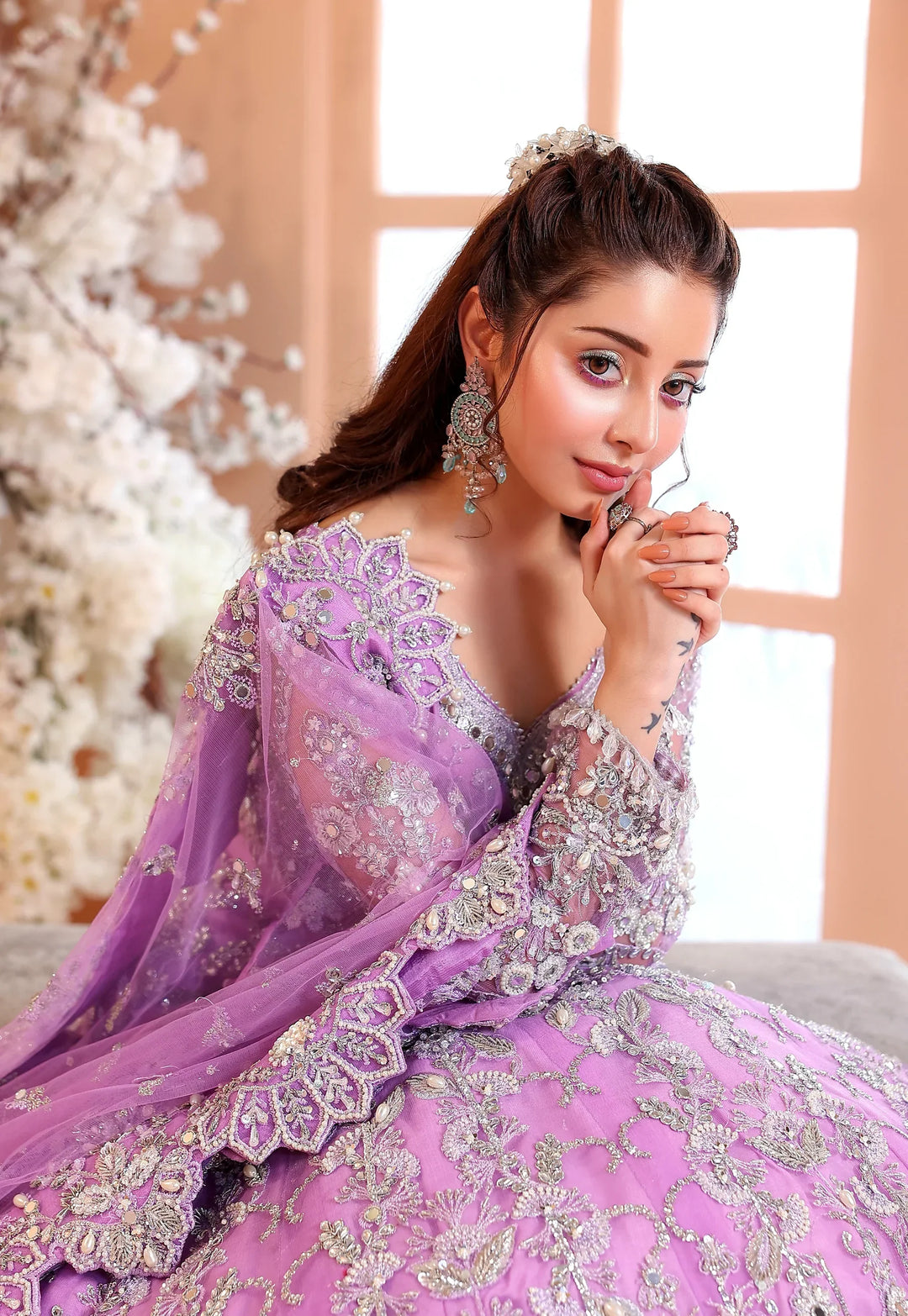 Pastel Lilac &amp; Sparkling Silver: Embroidered Net Bridal Lenge Choli | Ready To Wear