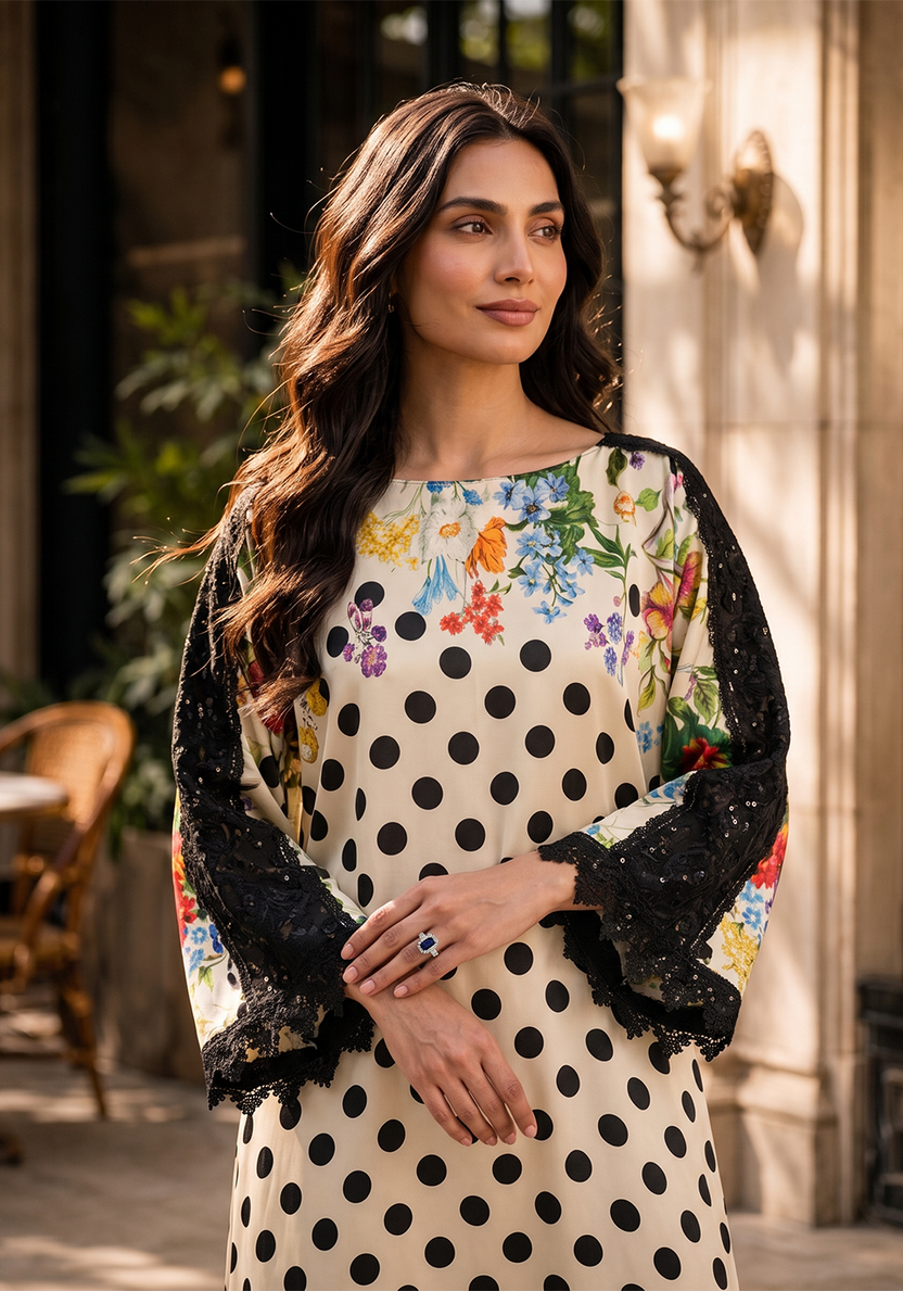 Ivory &amp; Black Embroidered Shamoze Silk Ready to Wear 2-Piece Kaftan Suit