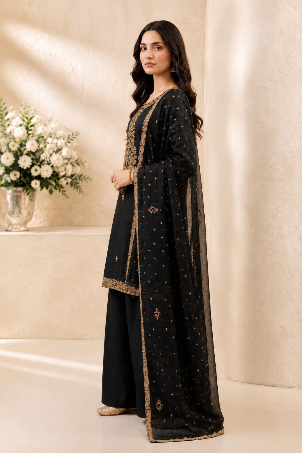 Black Sheesha Silk 3-Piece Formal Suit - side
