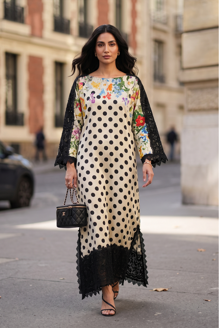 Ivory &amp; Black Embroidered Shamoze Silk Ready to Wear 2-Piece Kaftan Suit