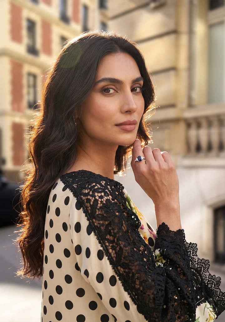 Ivory &amp; Black Embroidered Shamoze Silk Ready to Wear 2-Piece Kaftan Suit