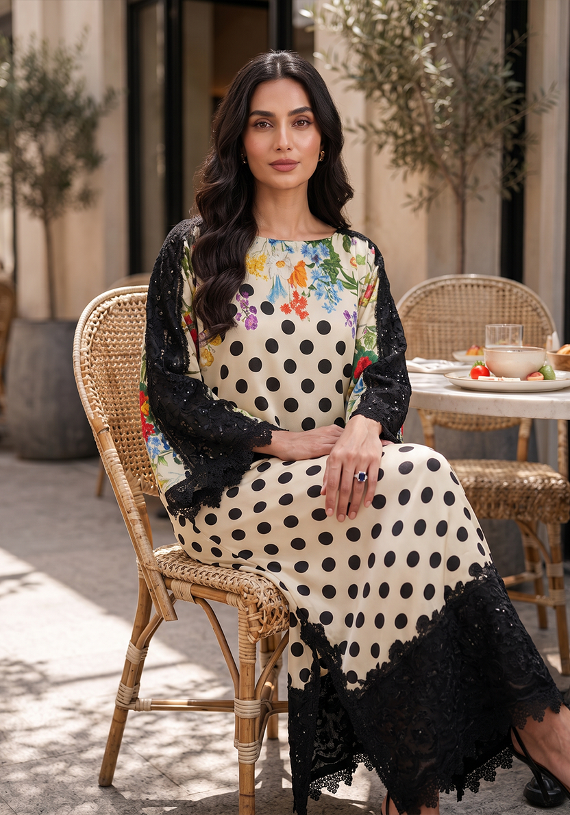 Ivory &amp; Black Embroidered Shamoze Silk Ready to Wear 2-Piece Kaftan Suit