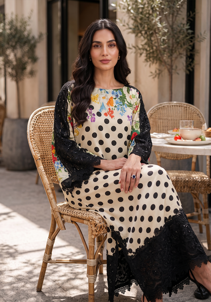 Ivory &amp; Black Embroidered Shamoze Silk Ready to Wear 2-Piece Kaftan Suit