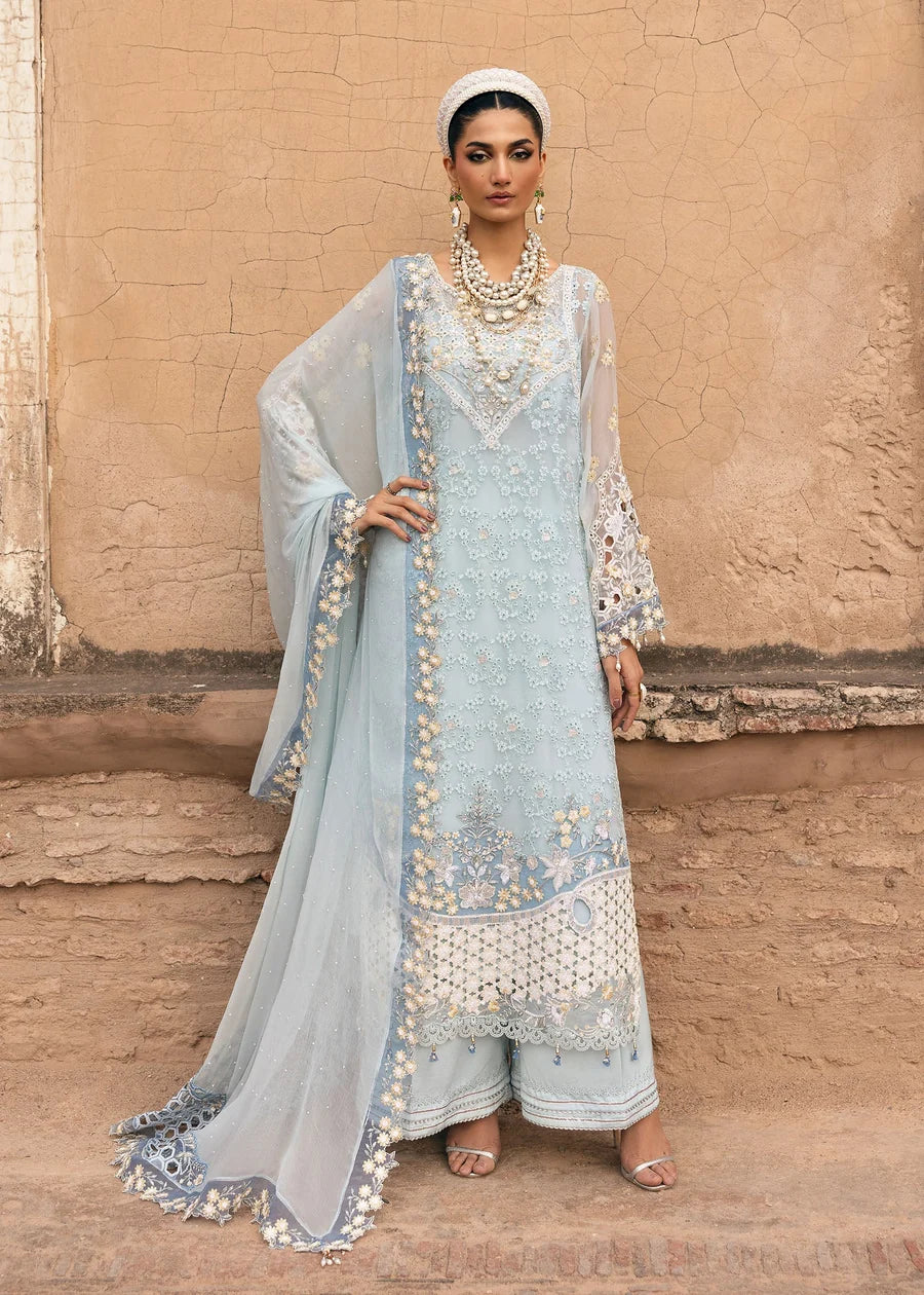 Powder Blue &amp; Ivory Accent: Embroidered Chiffon Suit | Ready To Wear