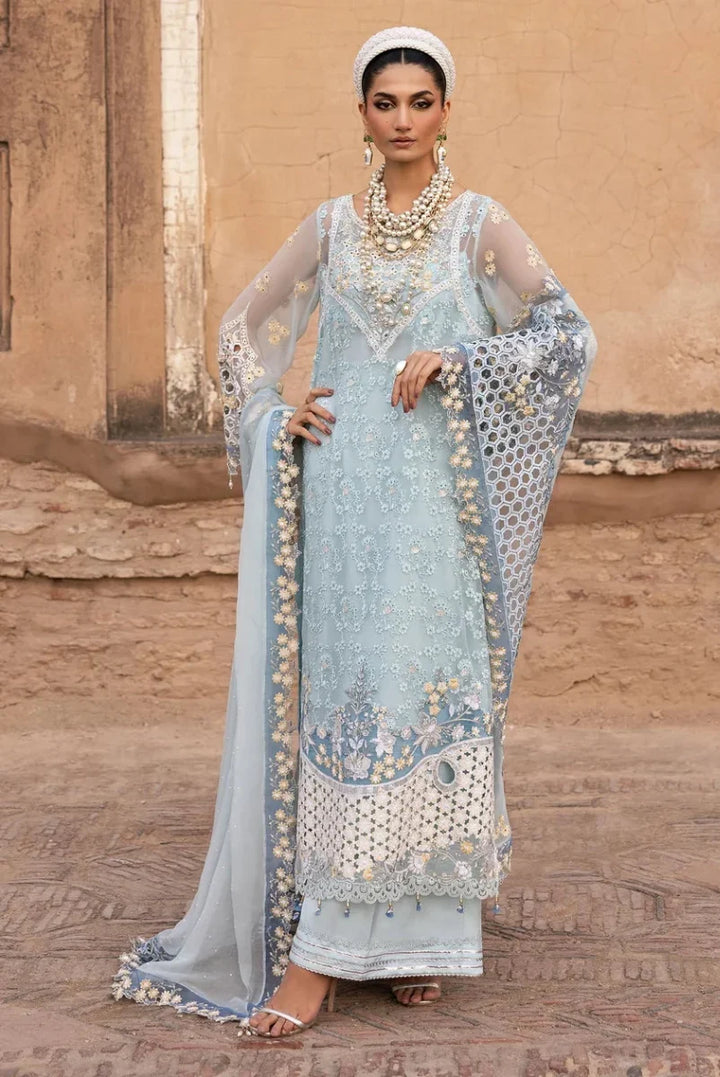 Powder Blue &amp; Ivory Accent: Embroidered Chiffon Suit | Ready To Wear