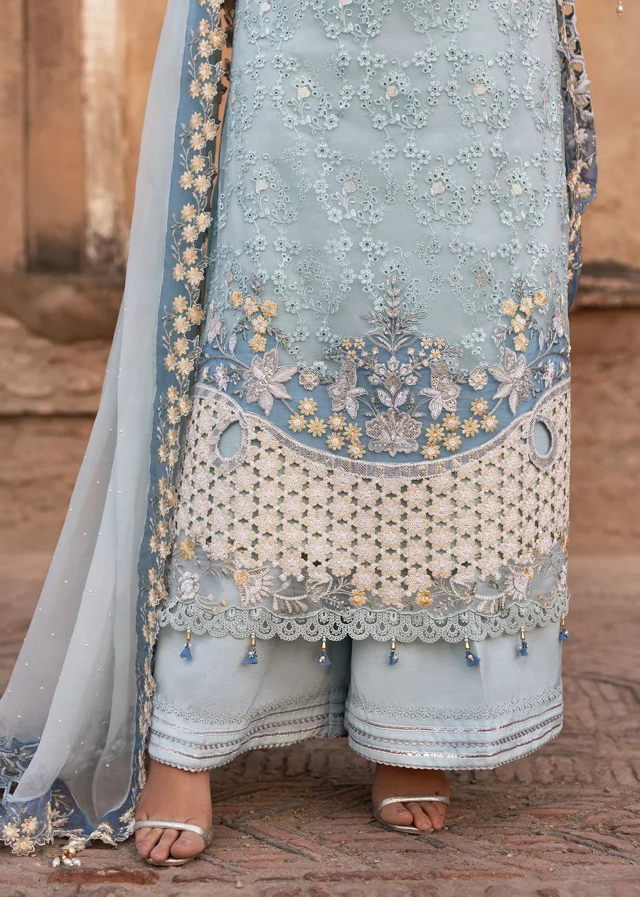 Powder Blue &amp; Ivory Accent: Embroidered Chiffon Suit | Ready To Wear