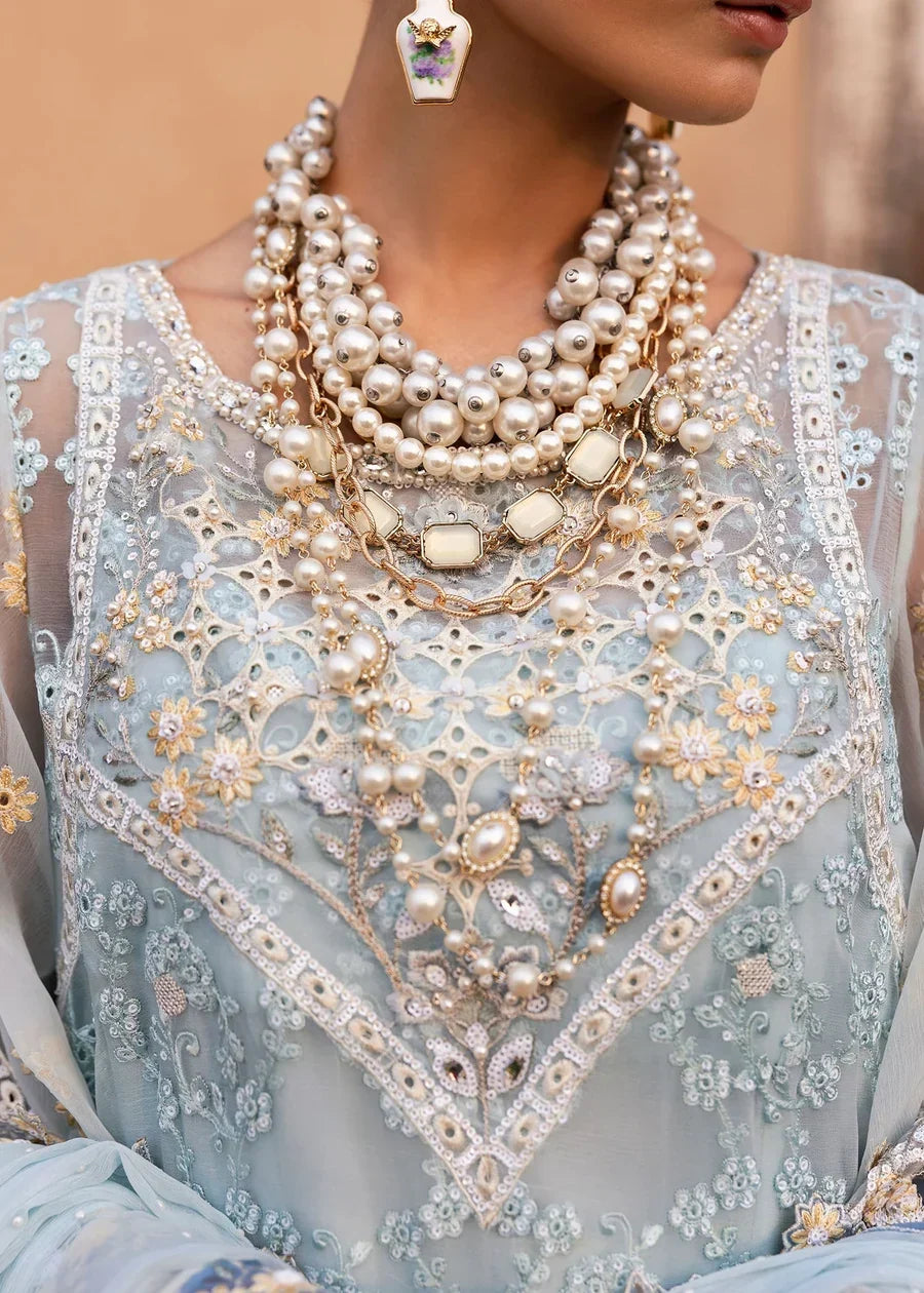 Powder Blue &amp; Ivory Accent: Embroidered Chiffon Suit | Ready To Wear