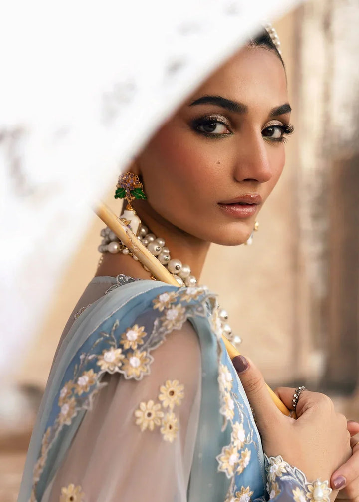 Powder Blue &amp; Ivory Accent: Embroidered Chiffon Suit | Ready To Wear