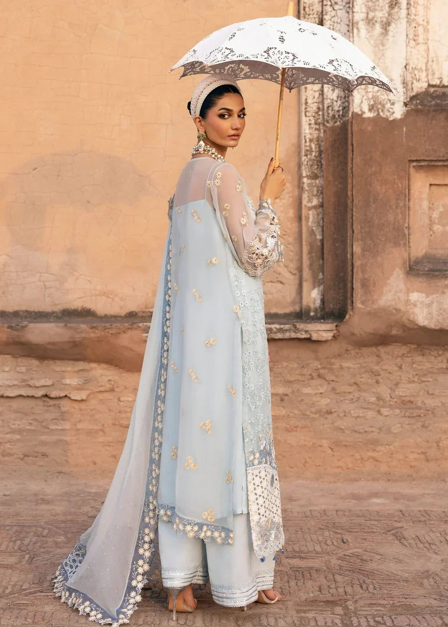 Powder Blue &amp; Ivory Accent: Embroidered Chiffon Suit | Ready To Wear