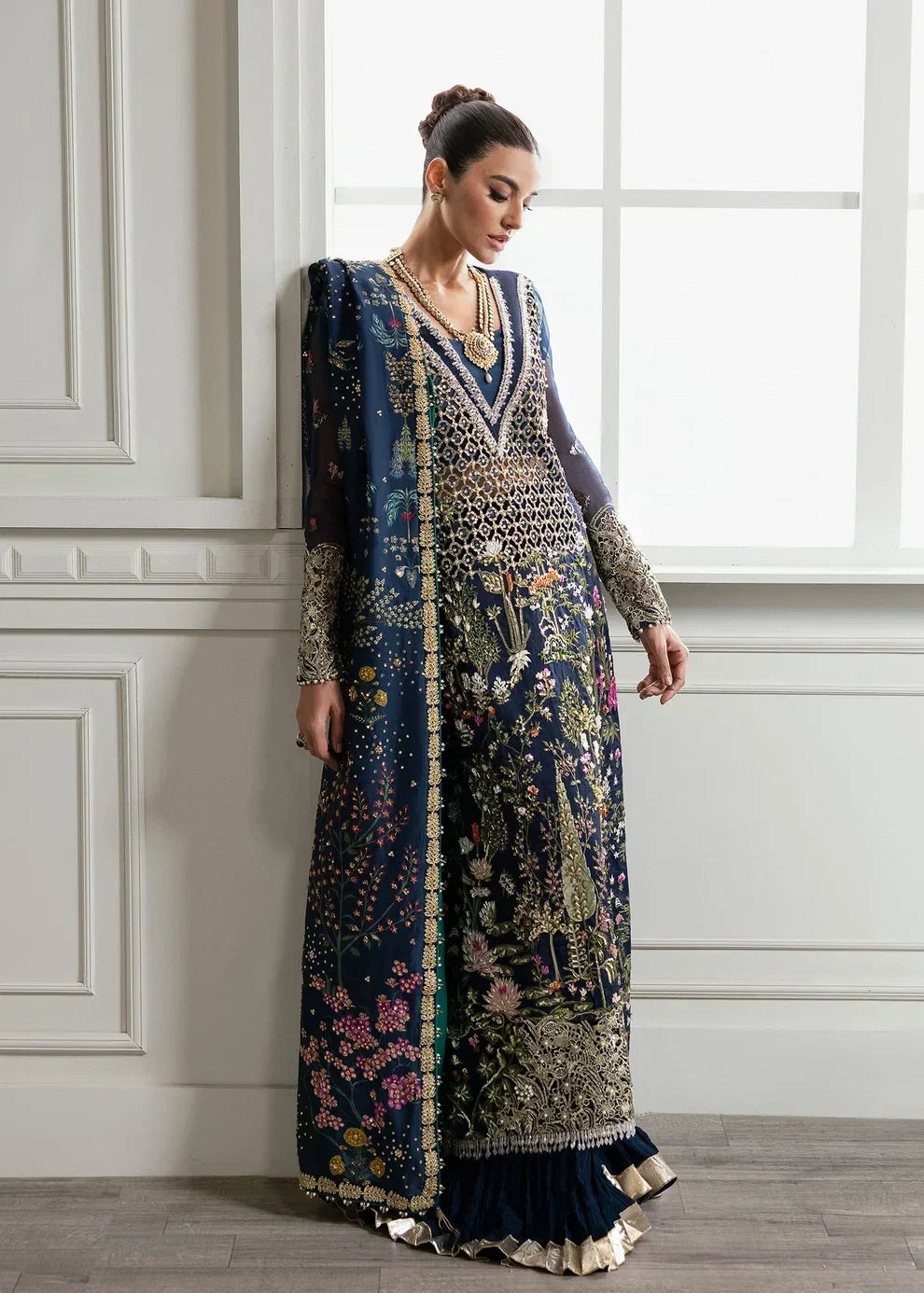 Midnight Navy &amp; Gold: Embroidered Organza Long Shirt | Ready To Wear