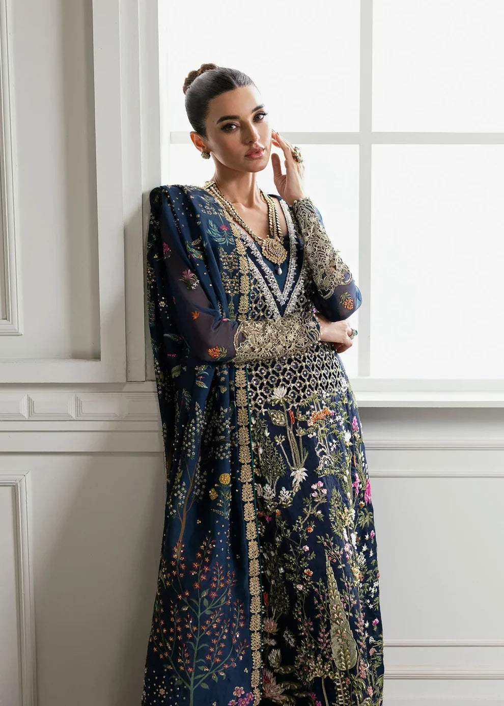 Midnight Navy &amp; Gold: Embroidered Organza Long Shirt | Ready To Wear