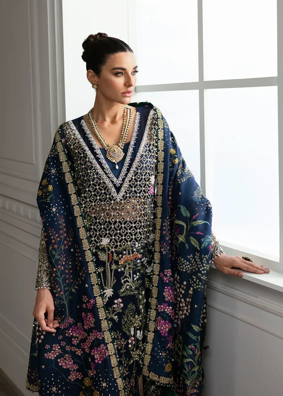Midnight Navy &amp; Gold: Embroidered Organza Long Shirt | Ready To Wear