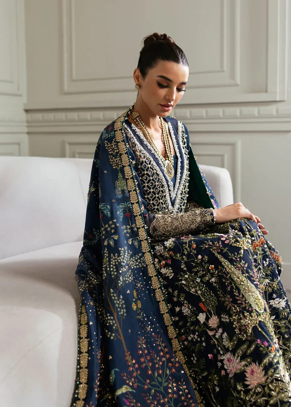 Midnight Navy &amp; Gold: Embroidered Organza Long Shirt | Ready To Wear