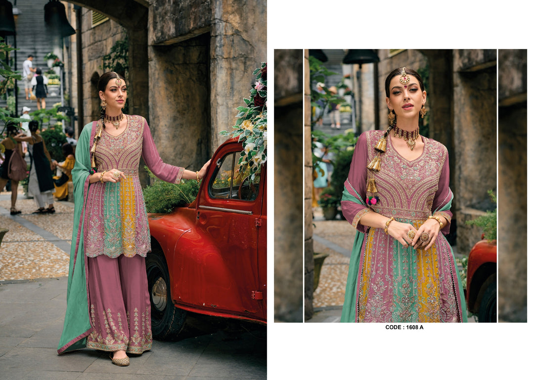 Multi Chinon Embroidery Work Suit Stitched