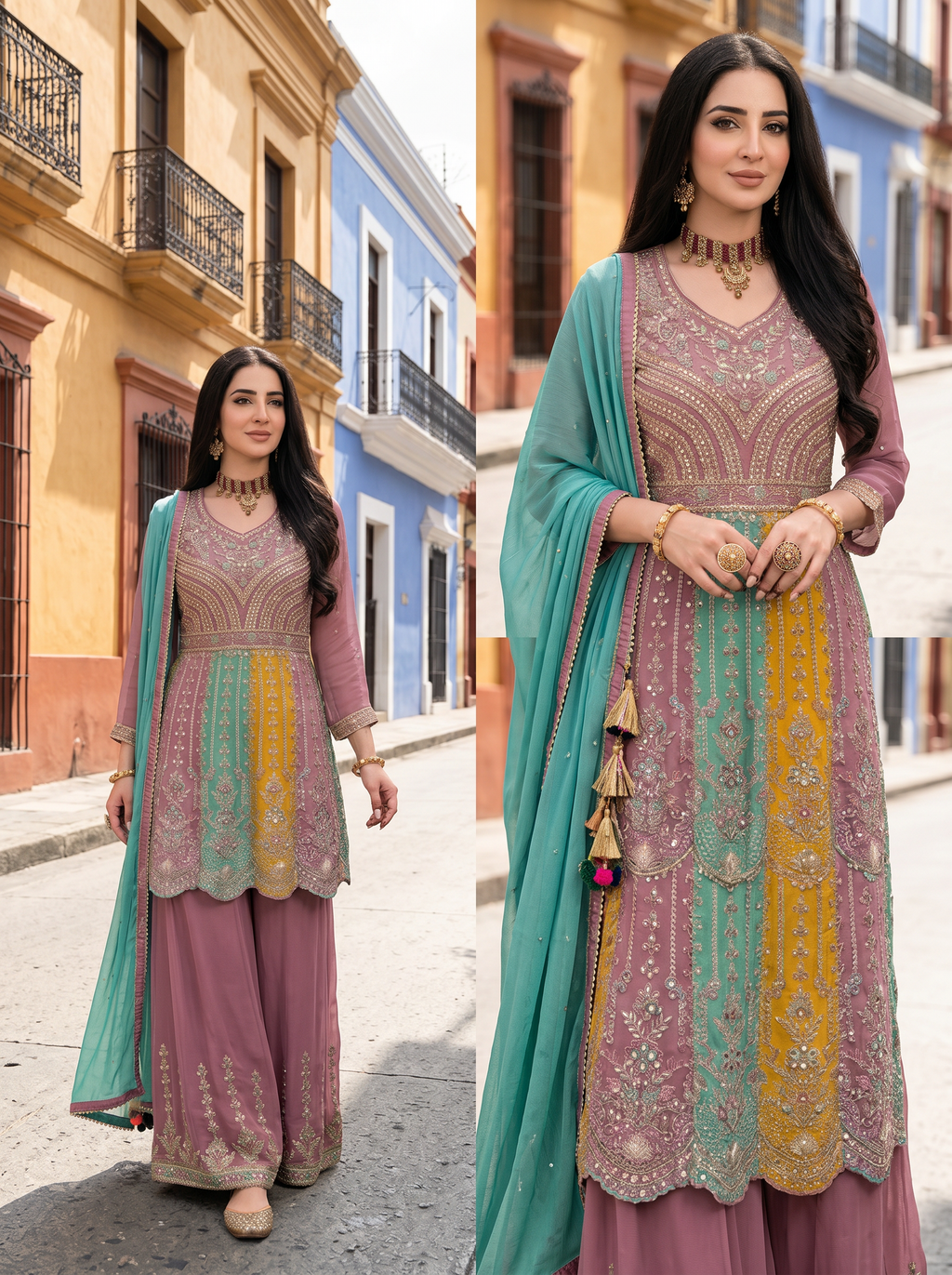 Multi Chinon Embroidery Work Suit Stitched