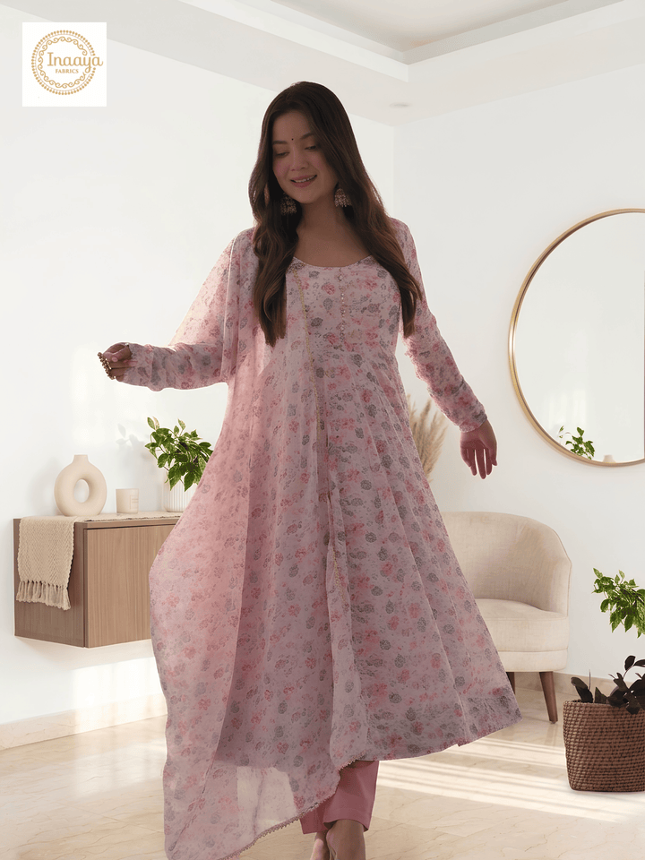 Organza Chiffon Floral Printed Gown With Dupatta Set