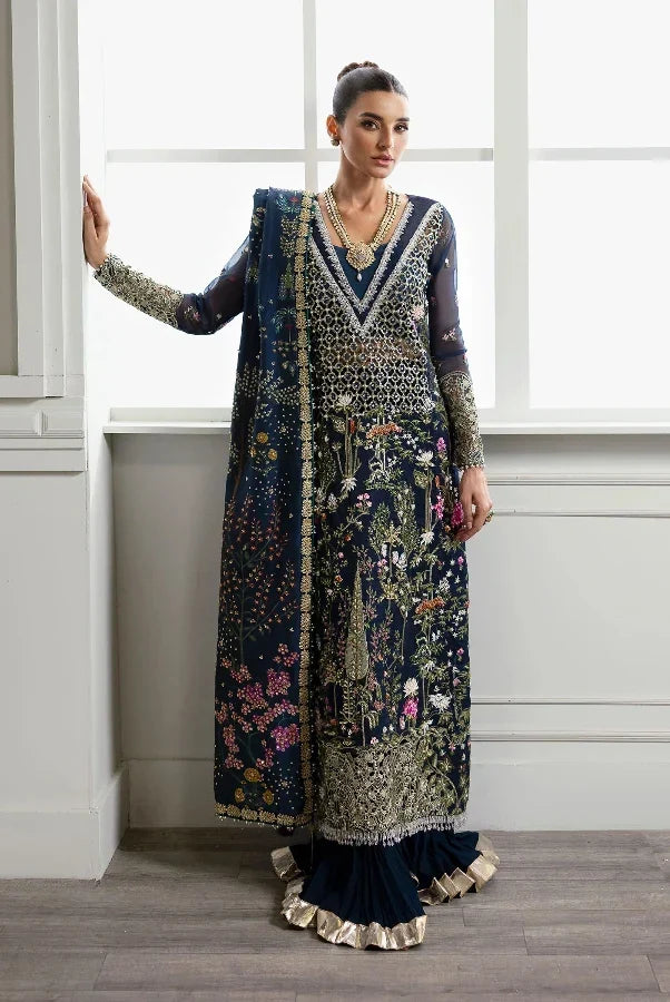 Midnight Navy &amp; Gold: Embroidered Organza Long Shirt | Ready To Wear