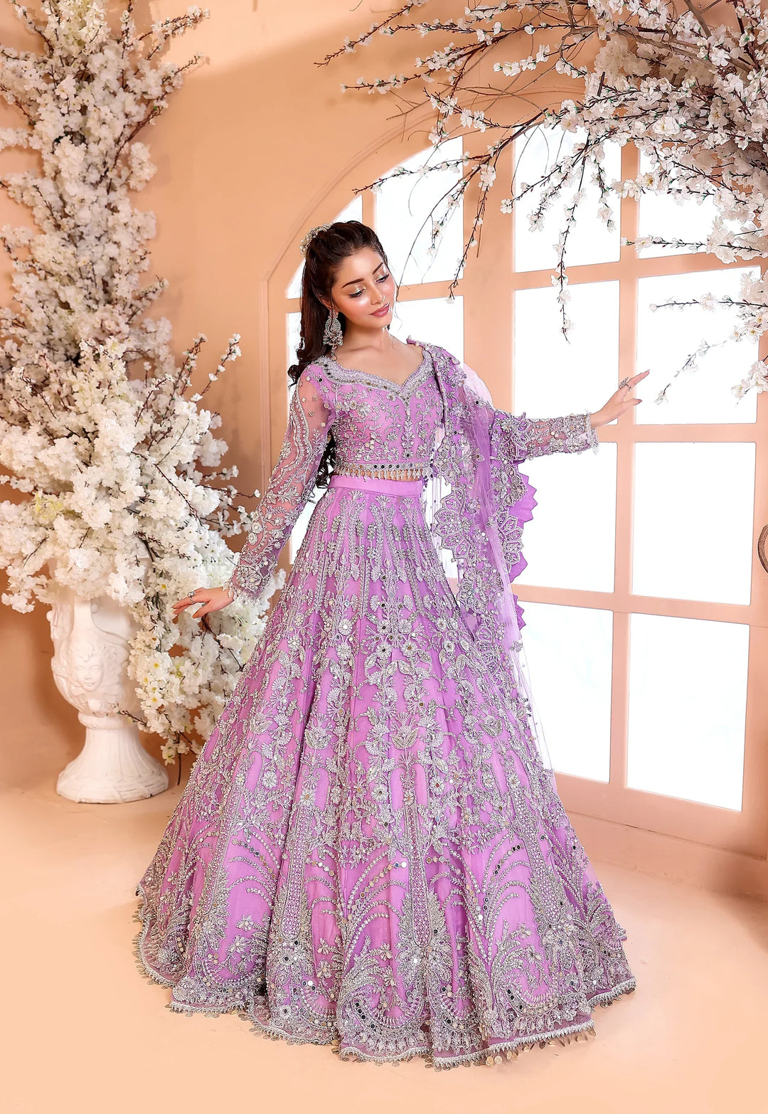 Pastel Lilac &amp; Sparkling Silver: Embroidered Net Bridal Lenge Choli | Ready To Wear