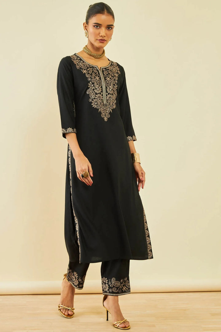 Rayon Floral and Paisley Embroidered Straight Kurta Set