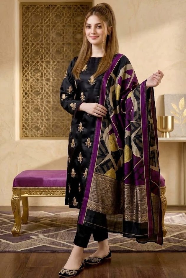 03-Piece Shamoze Silk Suit With Pearls &amp; Beads Handwork | Ready To Wear