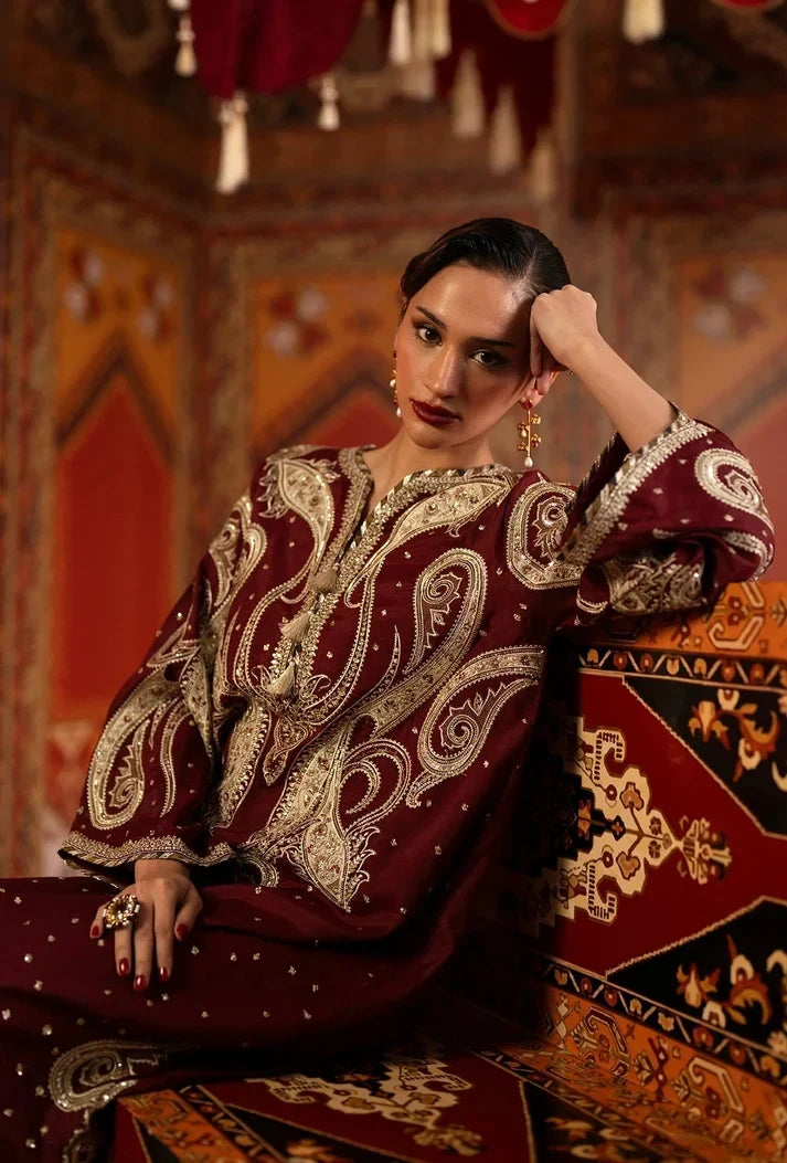 Deep Maroon &amp; Gold Accent: Charmoush Embroidered Silk Kaftan | Ready To Wear