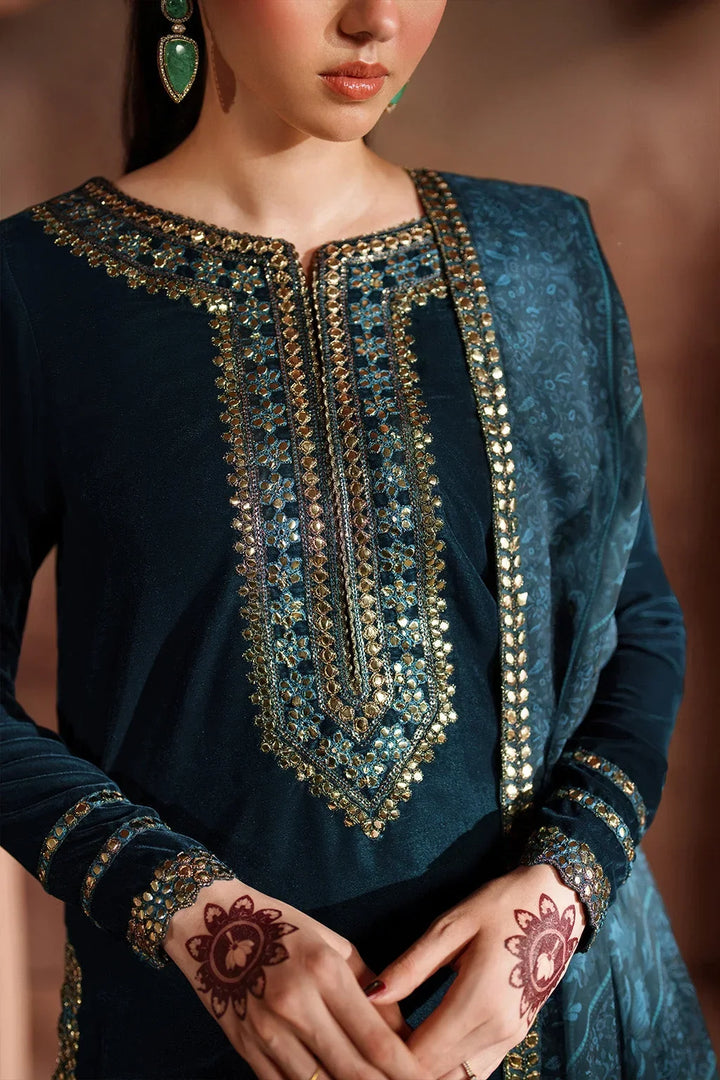 Peacock Teal &amp; Antique Gold: Embroidered Velvet Suit | Ready To Wear