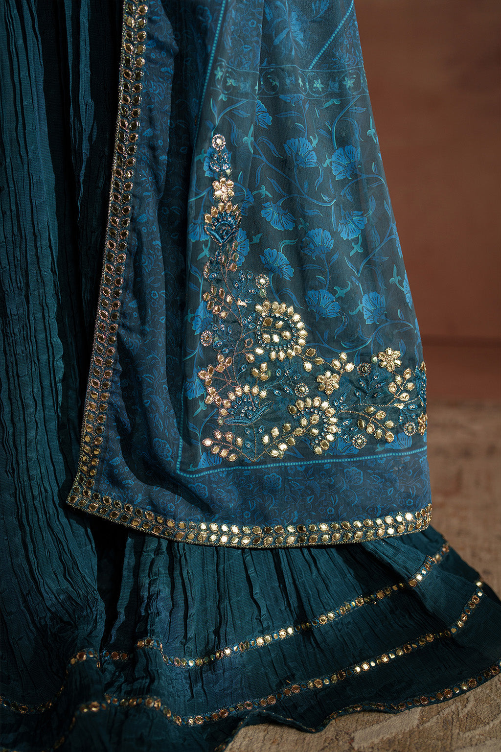 Peacock Teal &amp; Antique Gold: Embroidered Velvet Suit | Ready To Wear