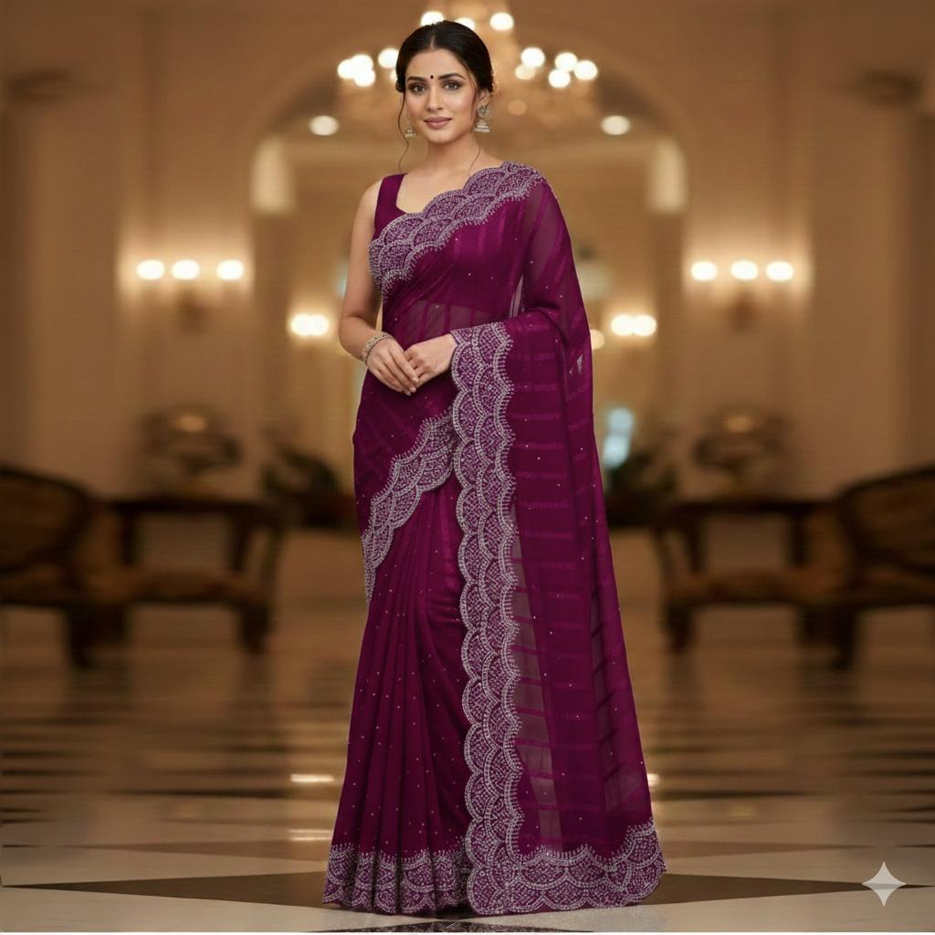 Stone Work Chiffon Georgette Material Saree Unstitched