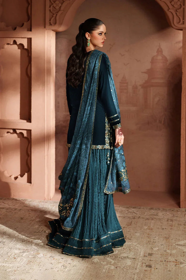 Peacock Teal &amp; Antique Gold: Embroidered Velvet Suit | Ready To Wear