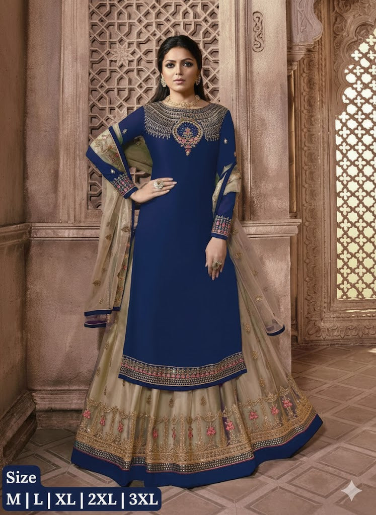 Embroidered Georgette & Net Anarkali 3Pcs Gown For Women