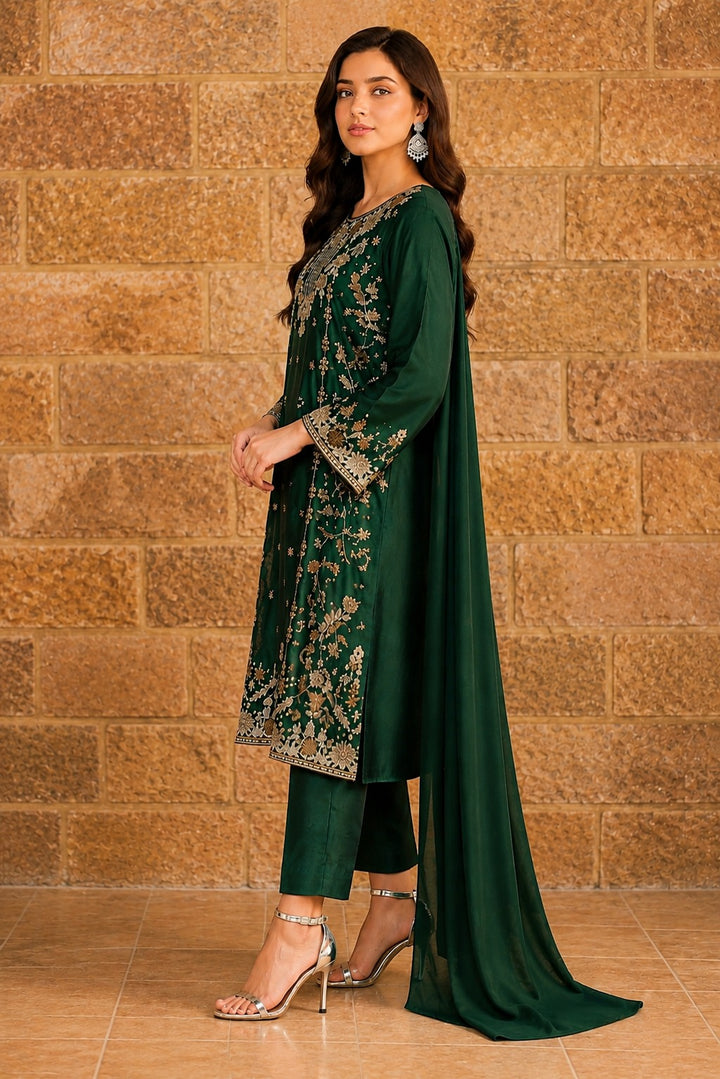 Dark Green Premium Shesha Silk 3-Piece Formal Suit - side