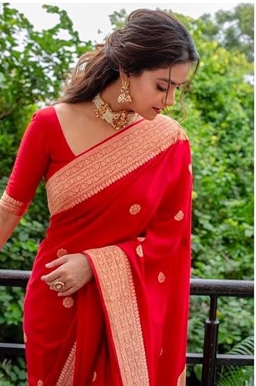 Silk Red Beautiful Unstitched  Saree For Women