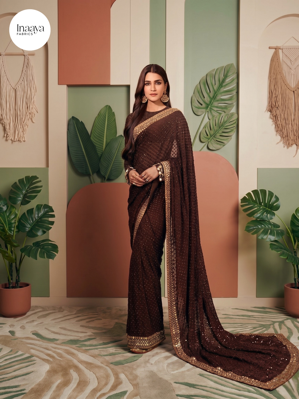 Women's Type Faux Georgette Dark Wine Saree With Blouse
