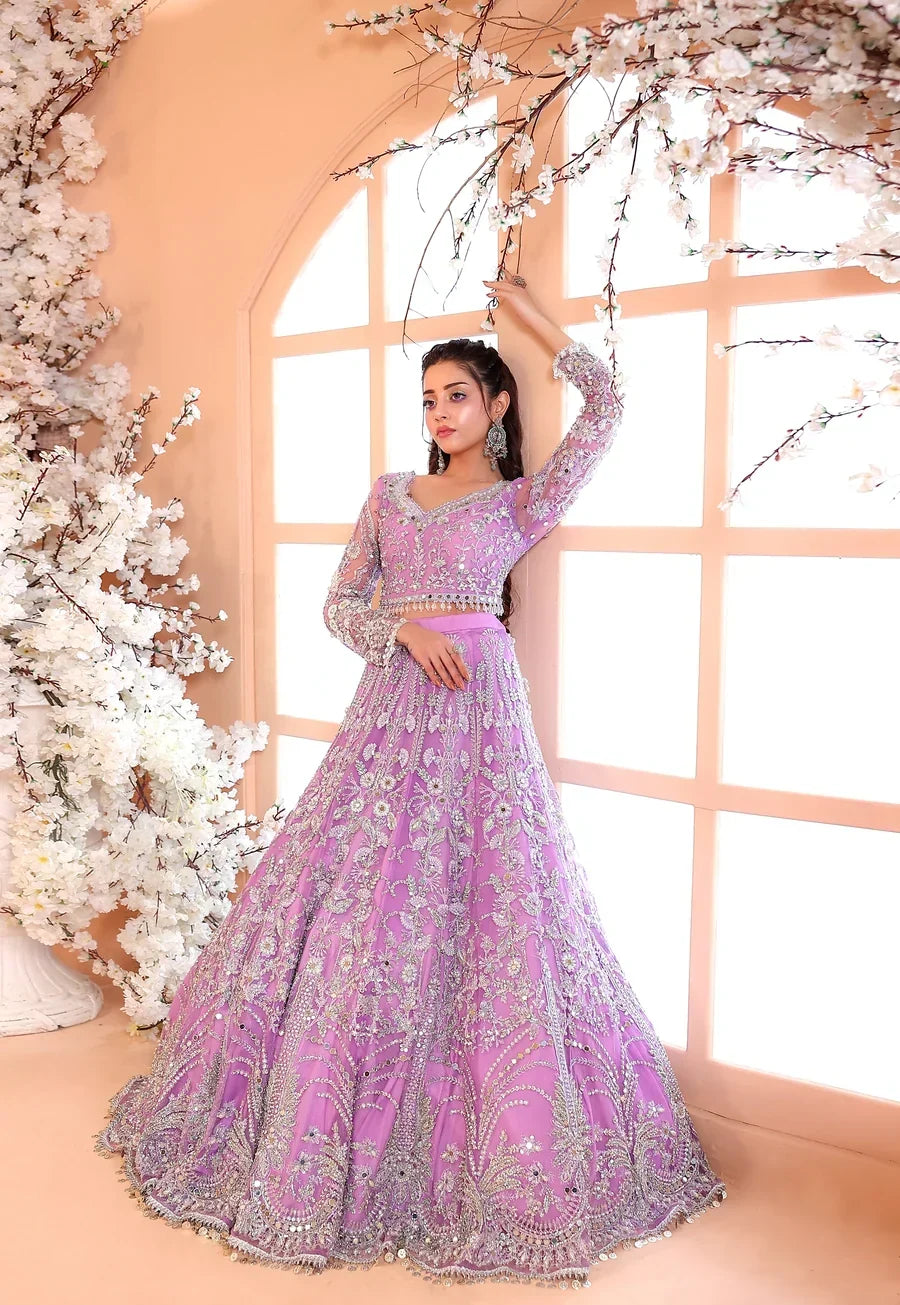 Pastel Lilac &amp; Sparkling Silver: Embroidered Net Bridal Lenge Choli | Ready To Wear